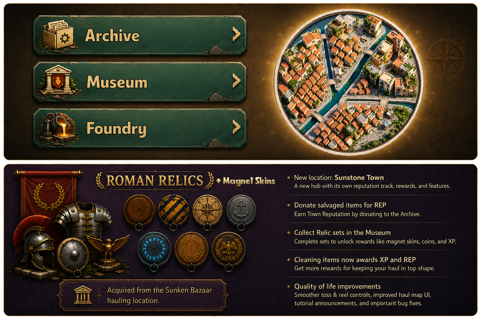 Deep Haul v0.2.0 — the new Sunstone Town hub with Archive, Museum and Foundry menus, the Roman Relics set, and Magnet Skins.